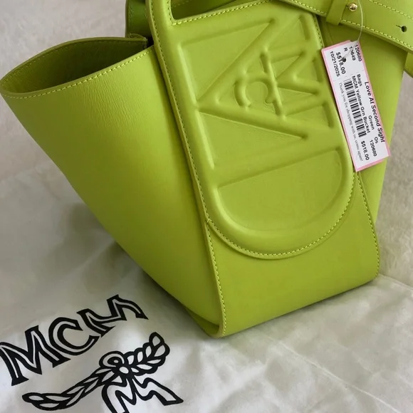 MCM Mini Mode Travia Leather Tote Neon Lime - Picture 3 of 7